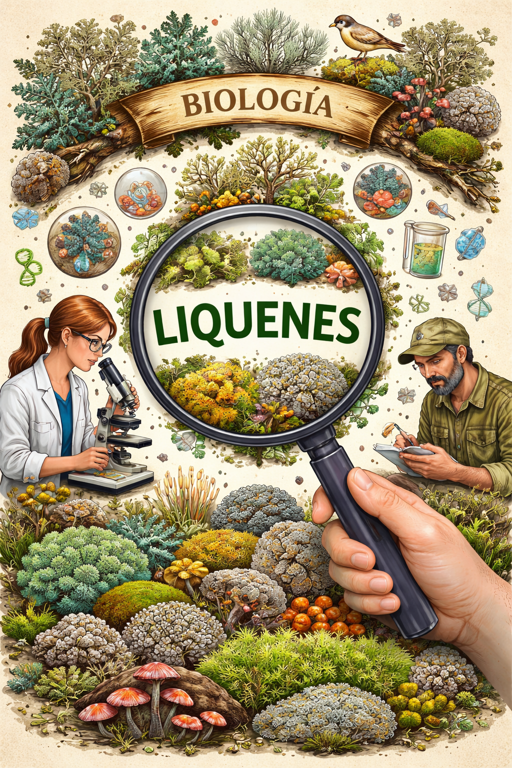 La biología es la ciencia que estudia los seres vivos y su relación con el ambiente. Dentro de este campo se analizan organismos como los líquenes, que tradicionalmente se clasifican según la consistencia y la anatomía de su cuerpo o talo. Así, pueden ser homómeros (gelatinosos) o heterómeros; y, según la forma del talo, se distinguen en costrosos, foliosos y fruticosos. Además, presentan estructuras especializadas que les permiten fijarse al sustrato y reproducirse, tanto de forma asexual como sexual. La presencia de sustancias liquénicas, identificadas mediante reacciones químicas, también es clave para el diagnóstico de las especies.